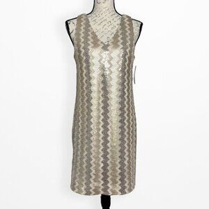 Trina Turk Glitterati Chevron Sequin V-Neck Sleeveless Shift Dress Gold